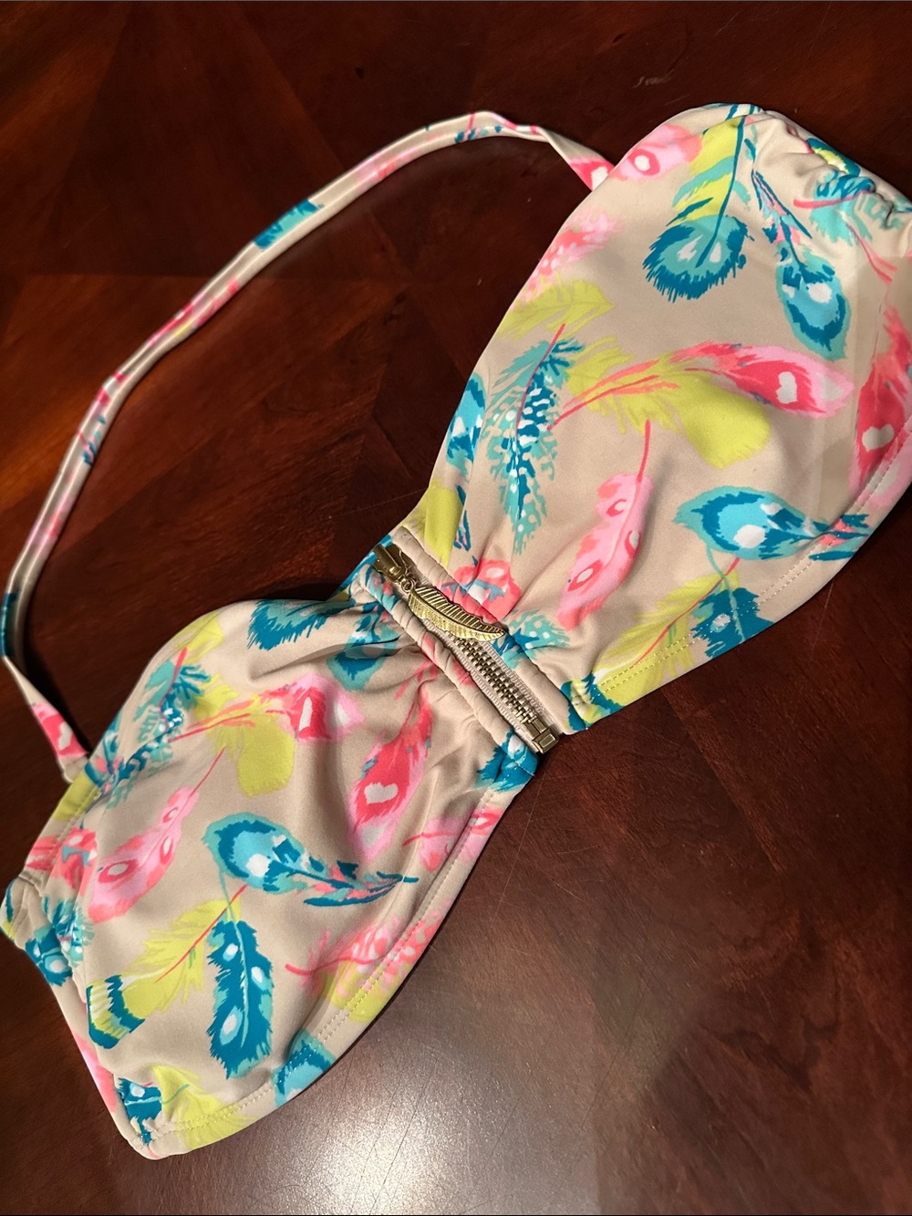 Xhilaration Feather-Print Bandeau Swimsuit Top - Pink, Teal & Neon Yellow